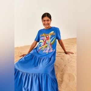 Farm Rio Dress with love ❤️ con amor t-Shirt dress maxi blue vibrant parrots